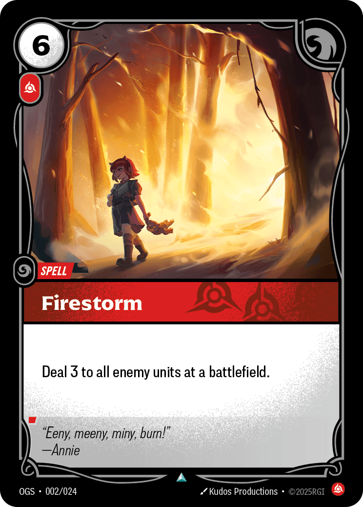 Firestorm — Riftbound Spell: Firestorm. Deal 3 to all enemy units at a battlefield.